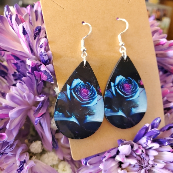 Blue Rose on Book Teardrop Earrings - Picture 7 of 8